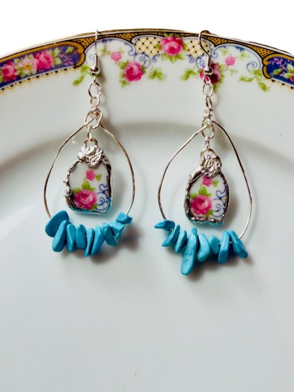 Bavaria Franklin 4177 | Silver-Blend China Cabochon & Turquoise Drop Earrings